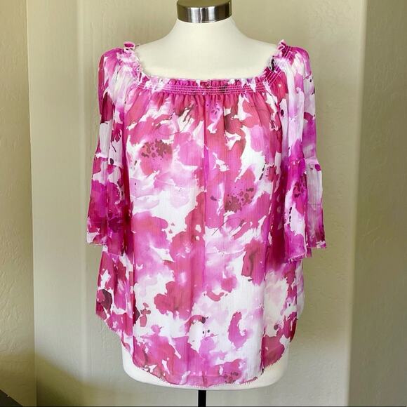 Worth Silk Crinkle Chiffon Pink and White Off The Shoulder Blouse, Small - Picture 6 of 13